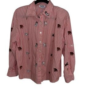 Vintage teddi Embroidered Dog Button Shirt large Red white stripes retro preppy